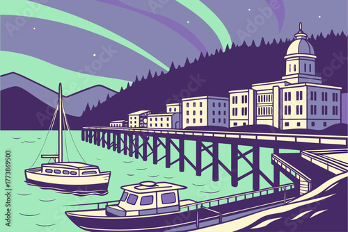 Flat modern vector of Juneau harbor with northern light gradient, elegant minimal Alaska city illustration for travel decor and posters

