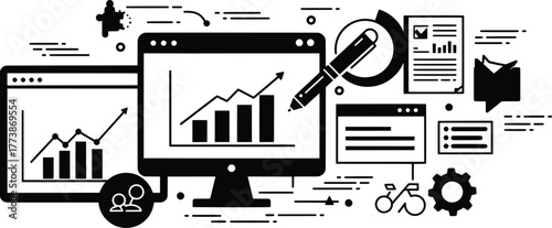 Detailed Vector Graphic Chart Growth Analysis on Computer Screens with Documents and Bicycle Icon Amidst Business Tools – A Modern Depiction of Progress and Data Insights