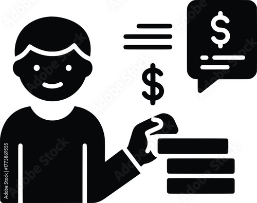 Financial Growth Vector Black Silhouette Icon of a Person Building Wealth with Coins, Dollar Sign, and Communication Bubbles, representing Business and Personal Finance
