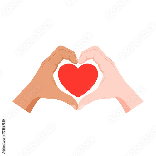Diversity and love concept hands forming a heart, symbolizing unity and interracial harmony, highlighting social equality