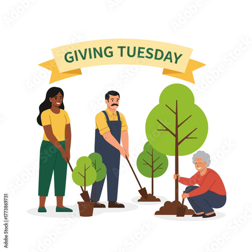 Giving Tuesday Diverse Volunteers Planting Trees for Community and Environmental Support