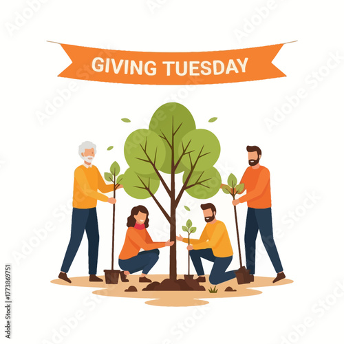 Community of volunteers planting trees for a charitable cause, illustrating generosity and environmental conservation