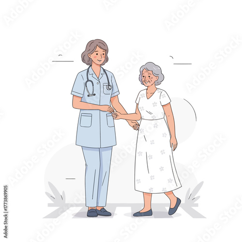 Caring female nurse providing support and assistance to a senior woman walking. Concept of geriatric healthcare, compassion, and companionship
