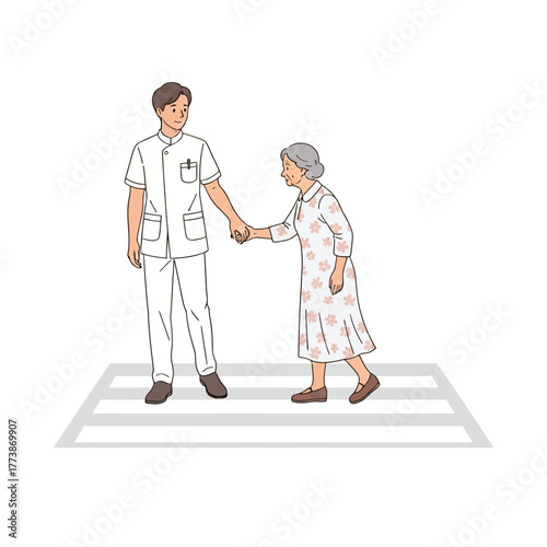 A compassionate male nurse assists an elderly woman in safely crossing the street at a crosswalk, illustrating senior care and support