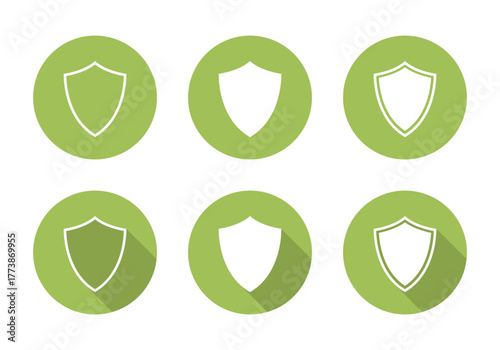 Blank shield icon set with long shadow. Security defense and safety protection symbol