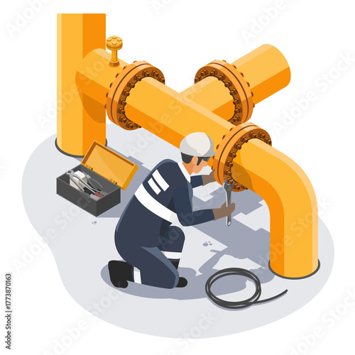 Industrial gas technician maintenance performing pipeline inspection and repair with professional tools and safety equipment in an isolated isometric cartoon