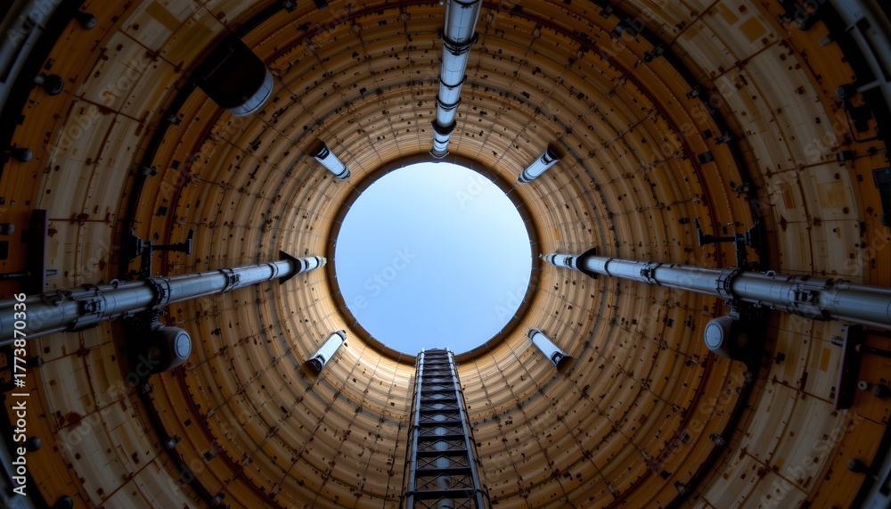 Naklejka premium Industrial Pipe Interior with Bright Sky View