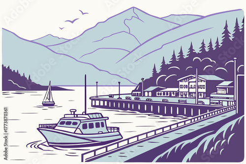 Flat modern vector of Juneau harbor with northern light gradient, elegant minimal Alaska city illustration for travel decor and posters
