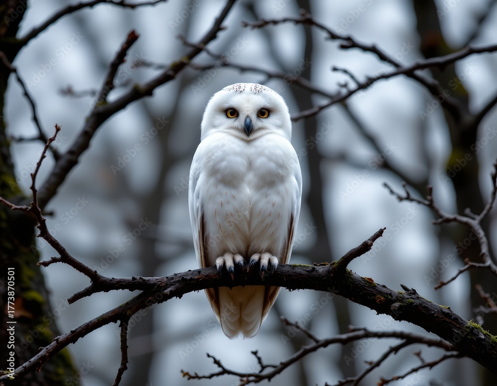 Fototapeta premium Alert Owl Perched Bare Tree Branch