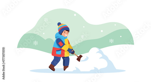 A young child bundled in winter clothes joyfully sculpts a snowman in a snowy outdoor scene with falling snowflakes, capturing the essence of childhood fun and winter activities.