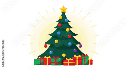 A festive, illustrated Christmas tree is decorated with colorful ornaments, a golden star, and surrounded by wrapped presents, representing holiday joy and seasonal celebration against a white