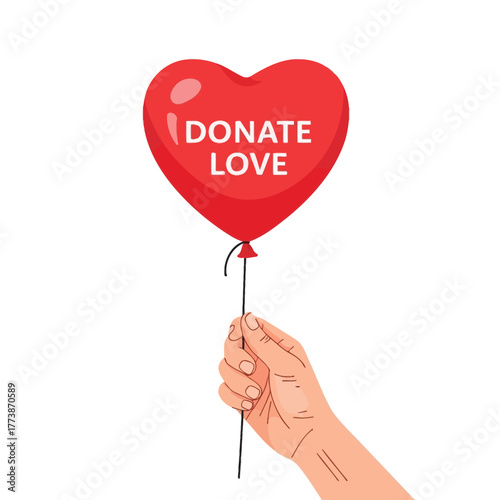 Hand Holding Heart Balloon with 'Donate Love' Message for Charitable Giving