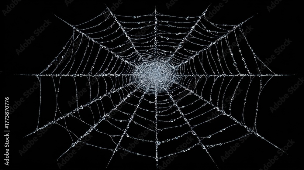 Obraz premium dew covered spider web black background