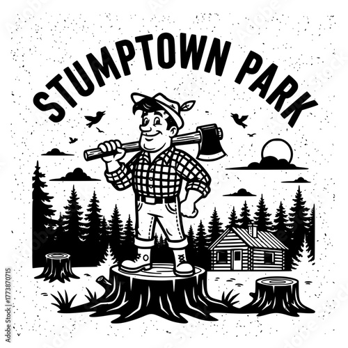 Retro illustration of a happy woodsman with an axe on a stump, in a forest with a cabin, representing outdoor labor and the essence of natural park landscapes