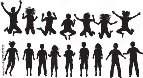 Children silhouettes, jumping poses, playful energy, social interaction, standing kids, black and white illustration, childhood movement, group activity, fun expression, bench scene, dynamic 