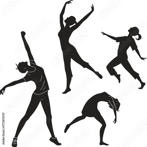 Four dynamic silhouettes of women dancing in various poses, isolated on a clean white background.