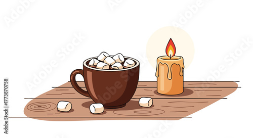 A warm, inviting illustration depicts a cozy scene with a mug of hot cocoa topped with marshmallows, accompanied by a lit candle on a wooden surface, evoking comfort.