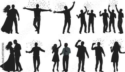 Dancing silhouettes, expressive poses, joyful movement, party celebration, adult and child figures, black and white illustration, social interaction, energetic dance, headphones, drinks, fun 