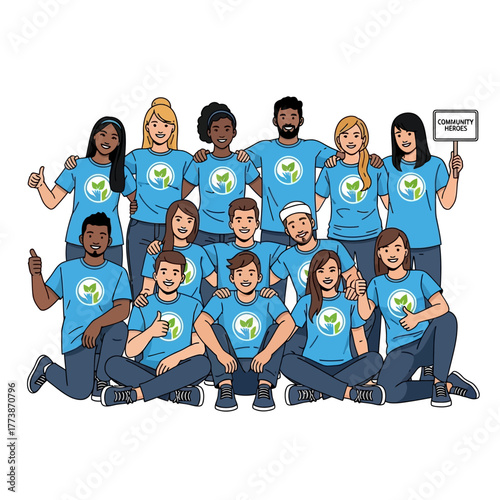 Group portrait of cheerful volunteers and activists in matching blue t-shirts, representing unity and social work