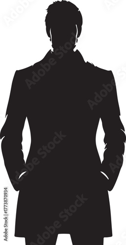 Silhouette illustration of a man in 1800s fashion from Australia, wearing a suit and a coat with hands in the pockets.
