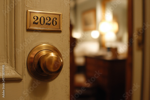 celebrate 2026 door number with handle on wooden open door, house, home, hotel, apartment, closeup, new years eve day, silvester, photorealistic