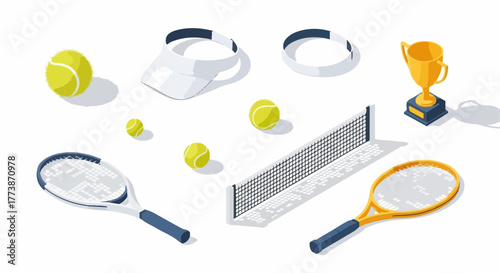 Isometric set of professional tennis equipment, including rackets, balls, net, visor, and golden championship trophy, isolated on white.