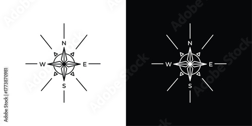 Compass Rose Line Art Vector, Minimal Black and White Navigation Symbol Representing Direction, Guidance, and Spiritual Journey