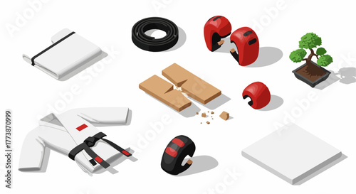 Martial Arts Isometric Set: Gi, Black Belt, Protection Gear, Broken Board, and Bonsai Tree Illustration