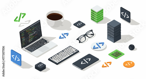 Isometric Software Development Workspace: Laptop, Servers, Code Symbols, Coffee, and Tech Gear Floating on a White Background