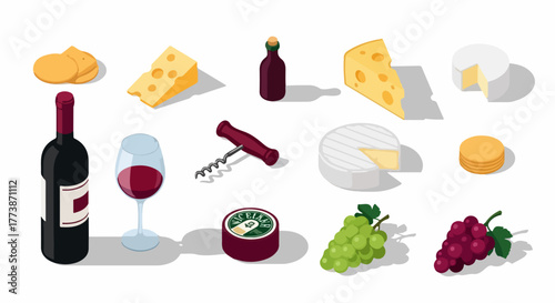 Wine and Cheese Tasting Isometric Icon Set: Collection of Bottles, Glasses, Grapes, and Various Dairy Products on White Background.