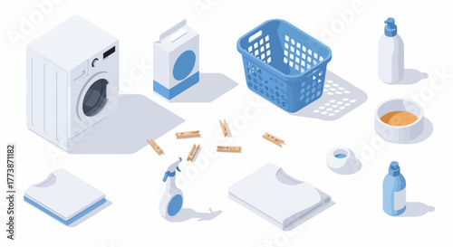 Isometric flat design collection of modern laundry and cleaning essentials, featuring washing machine, basket, detergents, clothes, and clothespins on a white background.