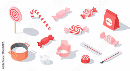 Isometric candy making set with various sweets, sugar packaging, cooking pot, and medical thermometers isolated on a white background.