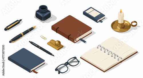 Isometric set of vintage and classic desk supplies: fountain pens, inkwell, diaries, reading glasses, and a burning candle.