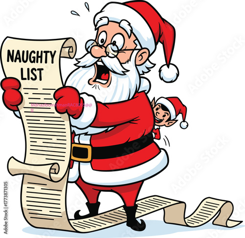 Funny Santa Claus reading naughty list with shocked expression, Christmas elf peeking behind, holiday cartoon illustration, festive humor concept