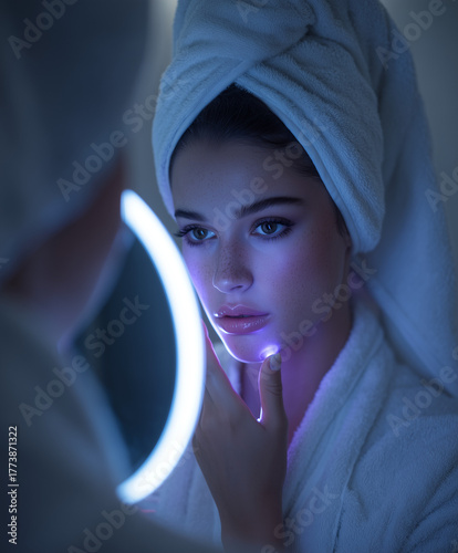 woman looks in a smart mirror, a mirror that helps with makeup and skin care, a mirror from the future,