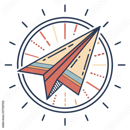 Paper airplane flying in a compass circle with radiating lines