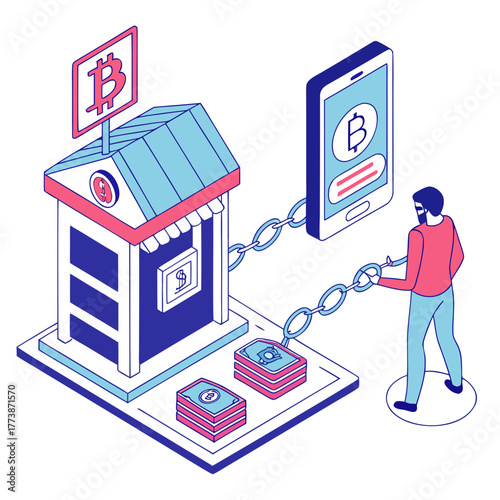Person connected by chains to bitcoin atm and smartphone