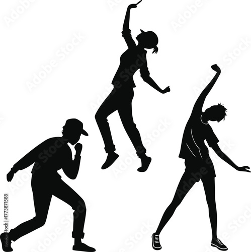 Three black silhouettes of people in dynamic poses, appearing to dance or strike a pose, isolated on a plain white background.