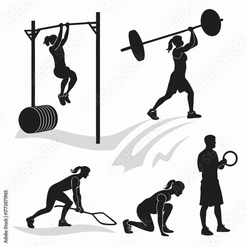 Fitness silhouettes of women exercising isolated on white background