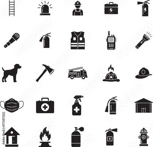 Firefighter Silhouette icon collection. Includes Silhouette symbols firefighter, fire truck, helmet, axe, extinguisher, emergency and more. Isolated icons. Firefighter icon set. Minimalist icons pack.