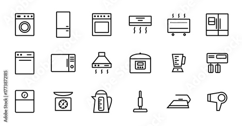 Household appliances and kitchen electronics line icon set. Vector symbols for washing machine, refrigerator, stove, microwave, vacuum cleaner, kettle, iron, and hairdryer. Isolated simple design.