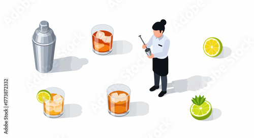Bartender mixing drinks in an isometric vector scene with cocktail glasses, ice, and lime slices.