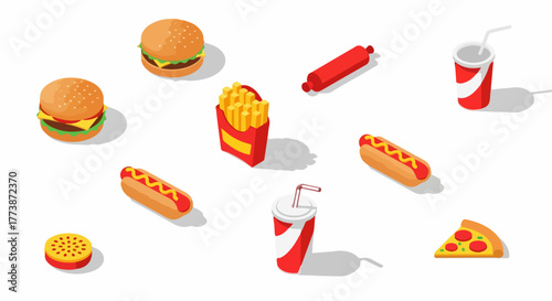 Isometric Fast Food Collection: Burgers, Fries, Hot Dogs, Pizza, and Soda Drinks Scattered on a White Background.