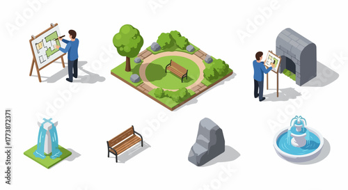 Isometric Landscape Architecture Elements Set: Designer Planning Park Layout, Water Features, Bench, and Garden Rocks Vector Illustration.