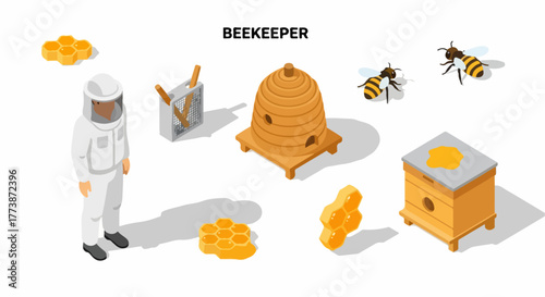 Beekeeping isometric icon set featuring hives, honeycomb, honey bees, professional apiarist, and necessary apiary equipment.