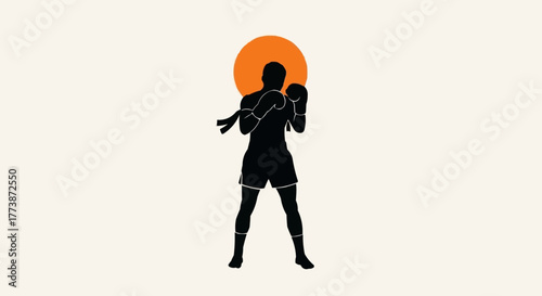 Karate Silhouette with Red Sun Background Vector Illustration