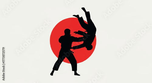 Karate Silhouette with Red Sun Background Vector Illustration