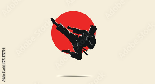 Karate Silhouette with Red Sun Background Vector Illustration