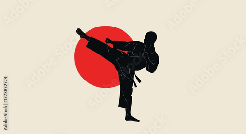 Karate Silhouette with Red Sun Background Vector Illustration