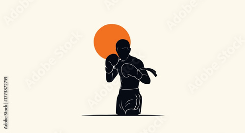 Karate Silhouette with Red Sun Background Vector Illustration